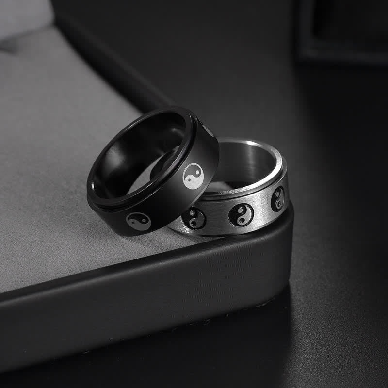Buddha Stones Yin Yang Titanium Steel Balance Rotatable Ring Ring BS 2