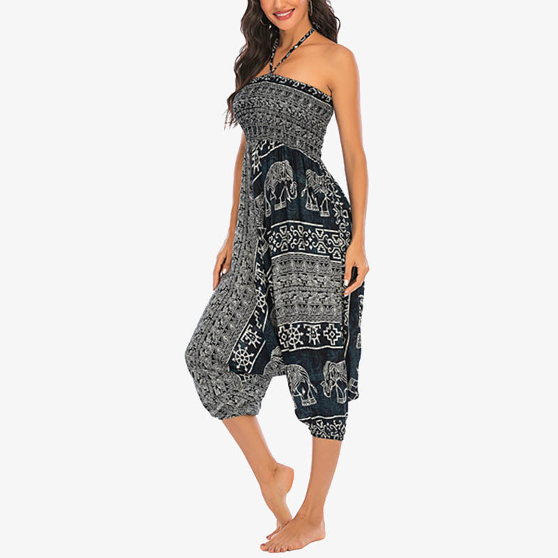 Buddha Stones Two Style Wear Elephant Pattern Loose Smocked Harem Trousers Jumpsuit Women's Yoga Pants Harem Pants&Bodysuit BS 29