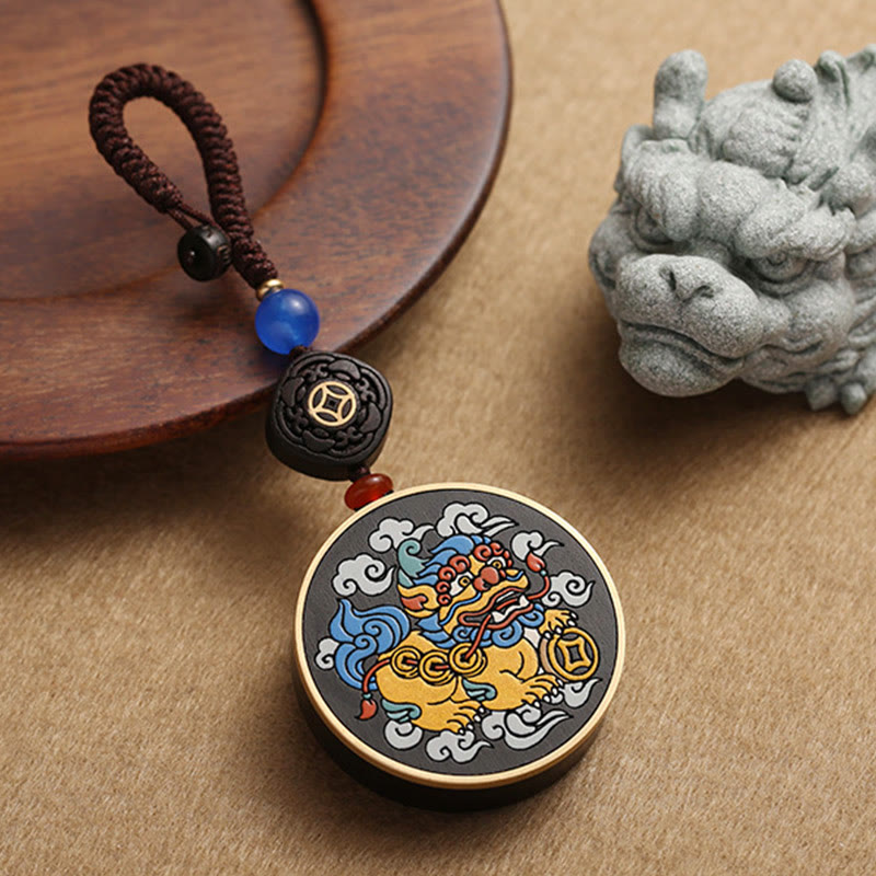 Buddha Stones PiXiu Copper Coin Ebony Wood Luck Attract Wealth Key Chain Decoration Key Chain BS 1