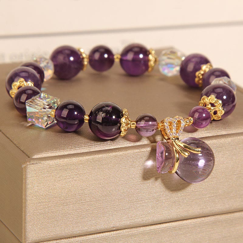 Buddha Stones Natural Amethyst Crystal Money Bag Charm Positive Bracelet Bracelet BS 2