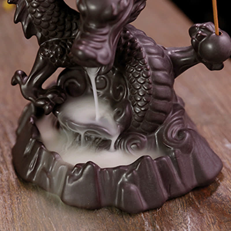 Buddha Stones Auspicious Dragon Ceramic Backflow Smoke Fountain Meditation Healing Incense Burner Led Ball Decoration Incense Burner BS 15