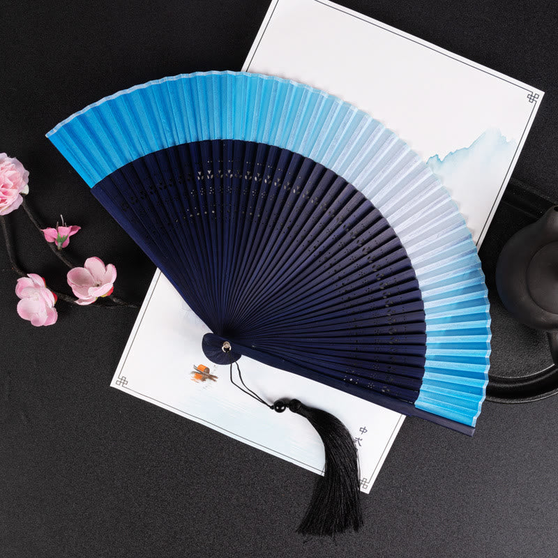 Buddha Stones Gradient Handheld Silk Bamboo Folding Fan