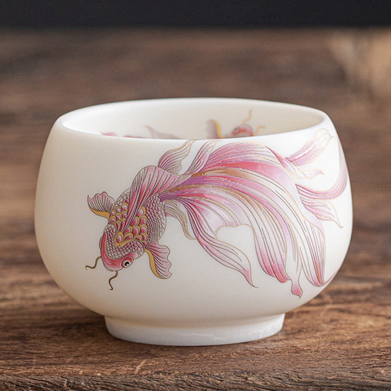 Buddha Stones Koi Fish White Porcelain Ceramic Teacup Kung Fu Tea Cup Cup BS Red Koi Fish 8.7cm*5.8cm*200ml