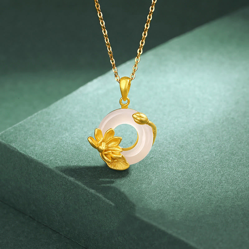 Buddha Stones Natural White Chalcedony Peace Buckle Lotus Pendant S925 Sterling Silver Necklace 3