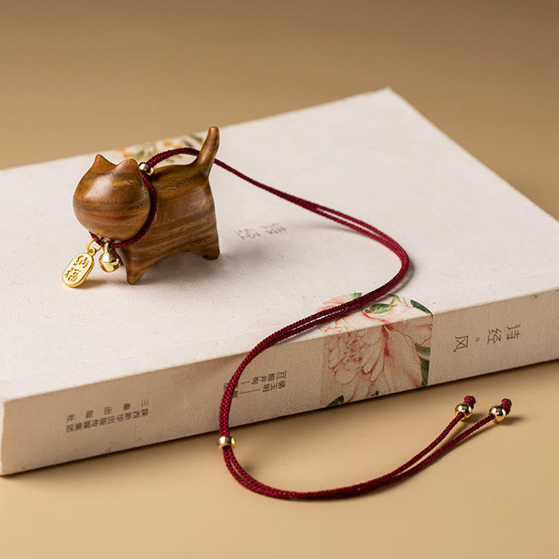 Buddha Stones Ebony Wood Green Sandalwood Lucky Cat Fu Character Lucky Fortune Bell Balance Car Hanging Decoration Car Hanging Decoration BS 14