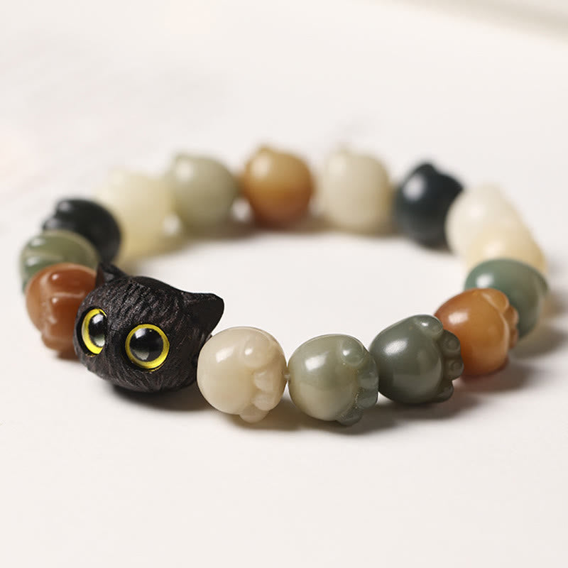 Buddha Stones Natural Bodhi Seed Lovely Paw Ebony Wood Lucky Cat Wisdom Bracelet Bracelet BS 1