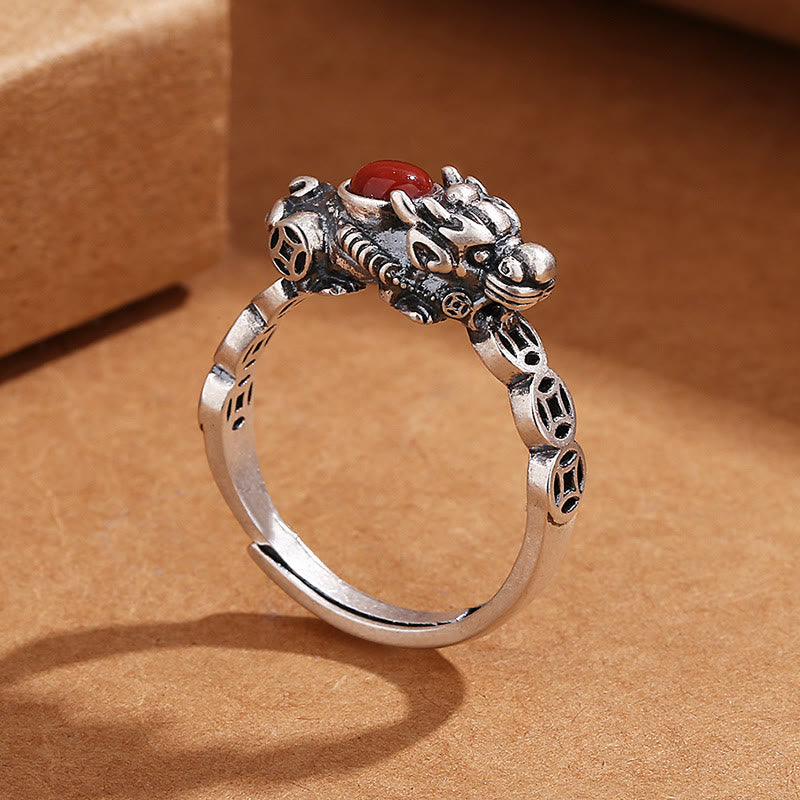 Buddha Stones PiXiu Copper Coin Red Agate Wealth Luck Ring Ring BS 2