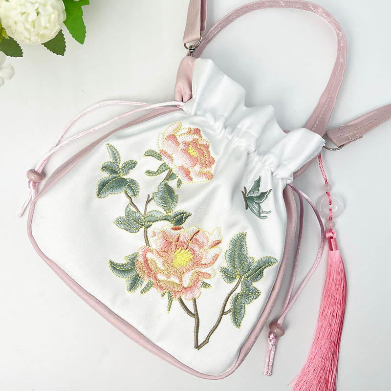 Buddha Stones Embroidered Osmanthus Peony Grape Cat Cotton Linen Tote Crossbody Bag Shoulder Bag Handbag Crossbody Bag BS 8