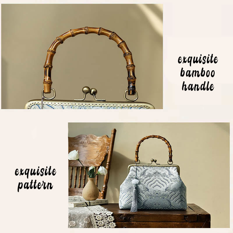 Buddha Stones Silver Lines Bamboo Handle Metal Chain Crossbody Bag Handbags Crossbody Bag&Handbags BS 4