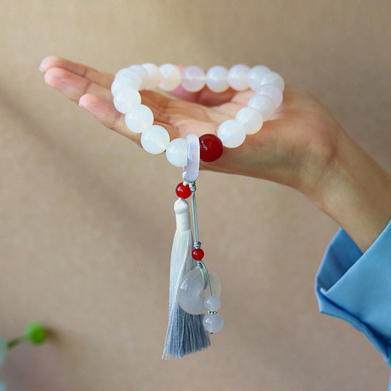 Buddha Stones White Agate Red Agate Luck Wrist Mala Tassels Pocket Mala Car Decoration Wrist Mala&Decorations BS 5