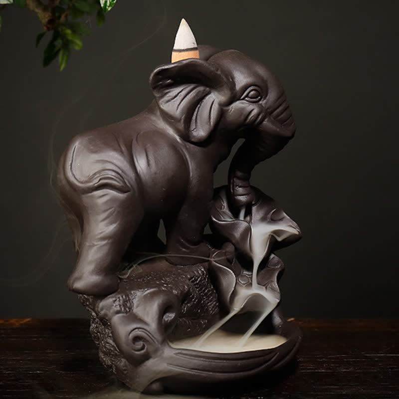Buddha Stones Tibetan Elephant Purple Clay Backflow Smoke Fountain Peace Healing Incense Burner Decoration Incense Burner BS 3