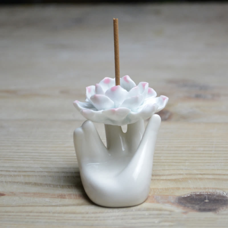 Buddha Stones Small Ceramic Lotus Hand Healing Meditation Incense Burner Decoration Incense Burner BS 1