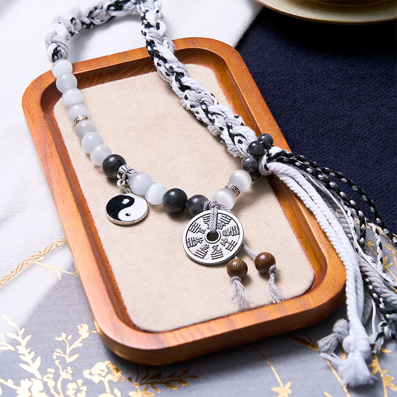 Buddha Stones Black Glitter Stone Cat's Eye Yin Yang Mountain Ghosts Spend Money Power Double Layer Rope Bracelet Bracelet BS 4