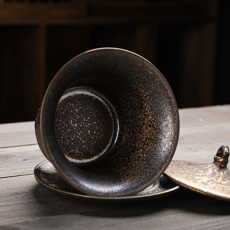 Buddha Stones Retro Rust Glaze Ceramic Gaiwan Sancai Teacup Kung Fu Tea Cup And Saucer With Lid Cup BS 3