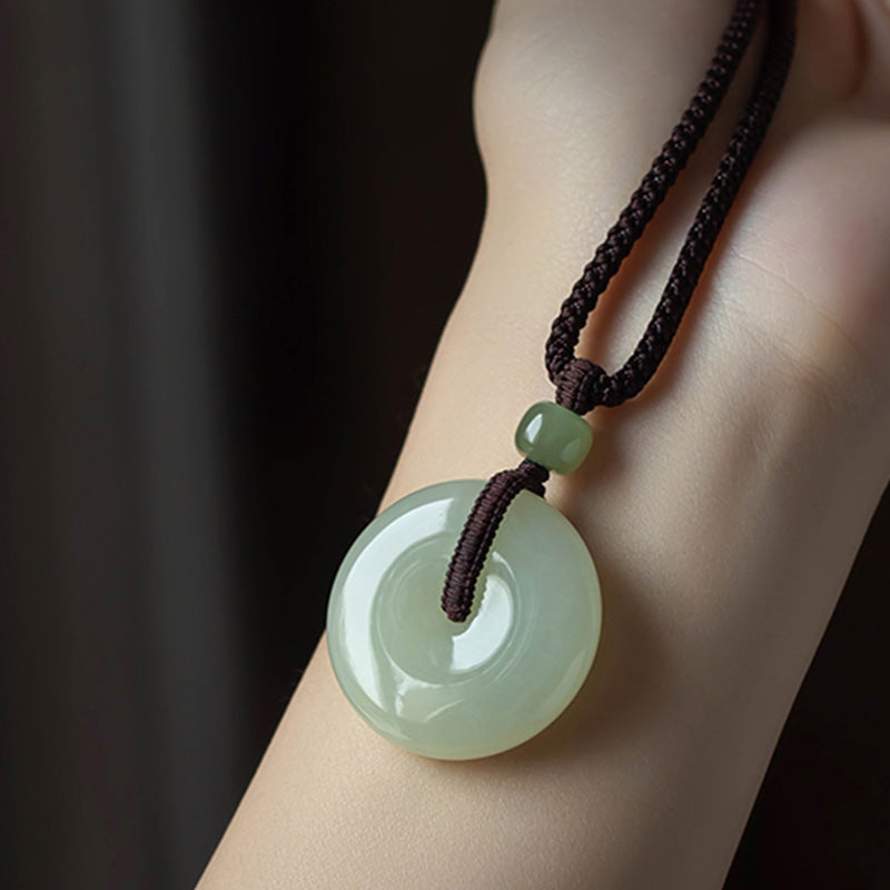 Buddha Stones Natural Round Jade Peace Buckle Luck Prosperity Necklace Pendant Necklaces & Pendants BS 1