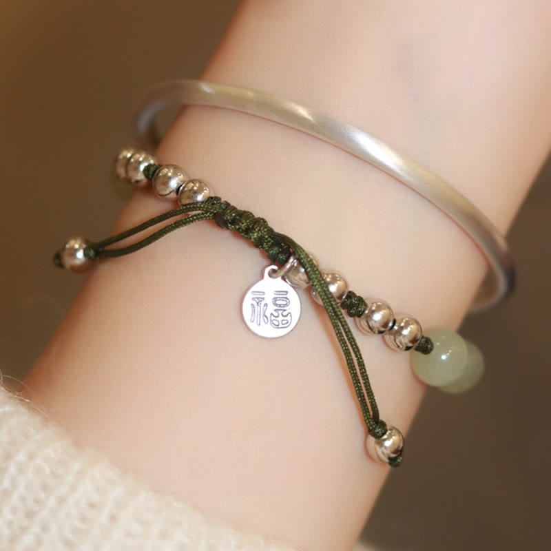 Buddha Stones 925 Sterling Silver Natural Jade Fu Character Bamboo Abundance Bracelet Bracelet BS 10
