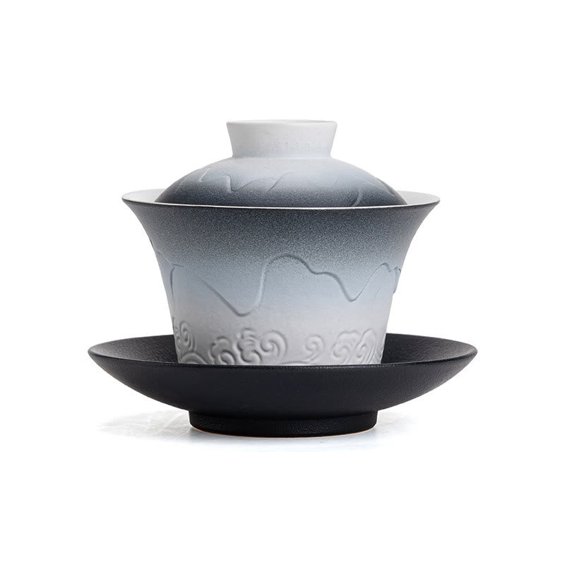 Buddha Stones Retro Blue Ocean Sea Waves Gradient Ceramic Gaiwan Sancai Teacup Kung Fu Tea Cup And Saucer With Lid Cup BS 10