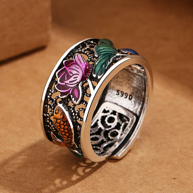 Buddha Stones Copper Blue Enamel Lotus Heart Sutra Koi Fish Luck Ring Ring BS 2