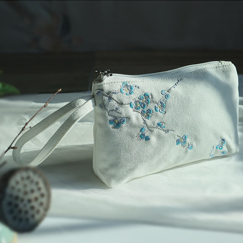 Buddha Stones Small Flower Plum Cherry Crane Peach Blossom Embroidery Canvas Wallet Shopping Purse Purse BS 21