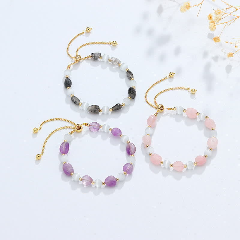 Buddha Stones Amethyst Pink Crystal Black Rutilated Quartz Spiritual Awareness Bracelet Bracelet BS 1