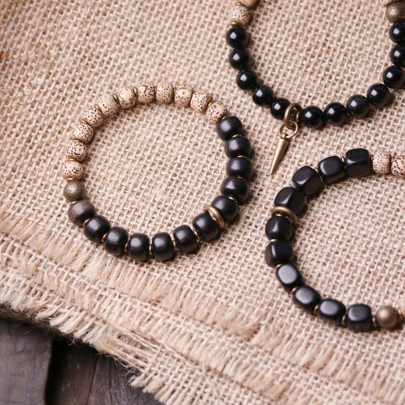 Buddha Stones Tibetan Bodhi Seed Black Obsidian Ebony Wood Copper Peace Bracelet Bracelet BS 3