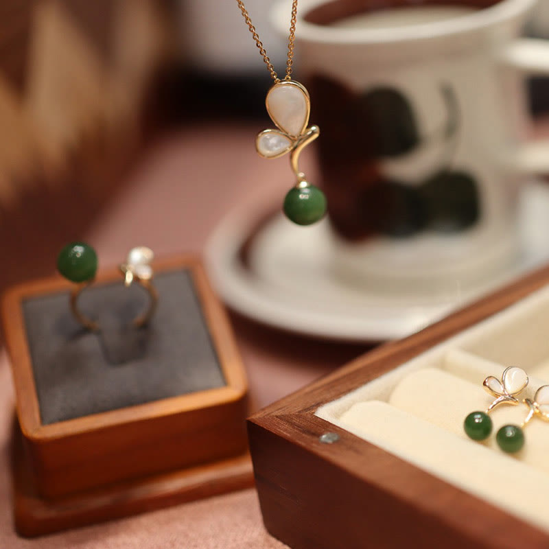 Buddha Stones Natural Butterfly Tridacna Stone Cyan Jade Copper Plated Gold Calm Necklace Pendant Ring Earrings Set Bracelet Necklaces & Pendants BS 1