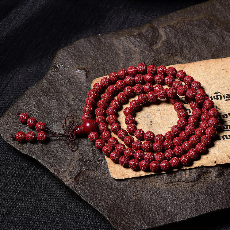 Buddha Stones 108 Mala Beads Cinnabar Om Mani Padme Hum Pattern Engraved Blessing Bracelet Mala Bracelet BS 4