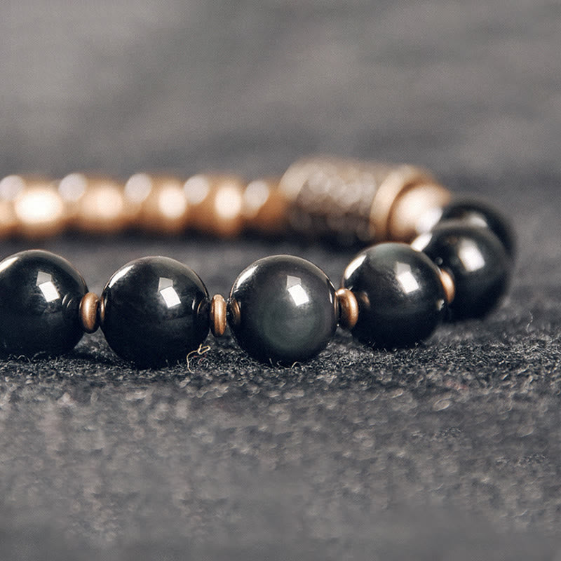 Buddha Stones Lava Rock Stone Rainbow Obsidian Copper Support Healing Bracelet Bracelet BS 14