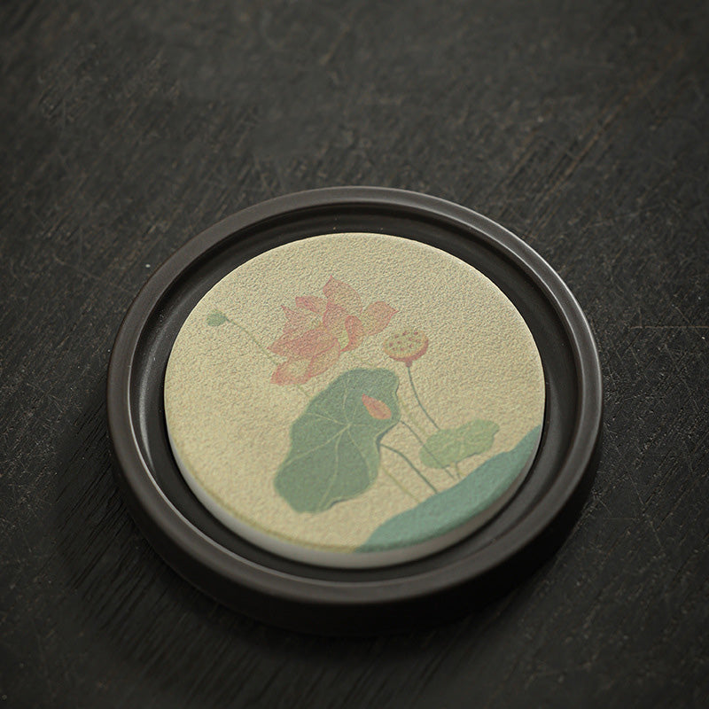 Buddha Stones Plum Blossom Peach Heart Sutra Loquat Magnolia Persimmon Ceramic Cup Mat Pad Coaster Kung Fu Tea Mat Cup Mat BS Lotus 7.9*1cm