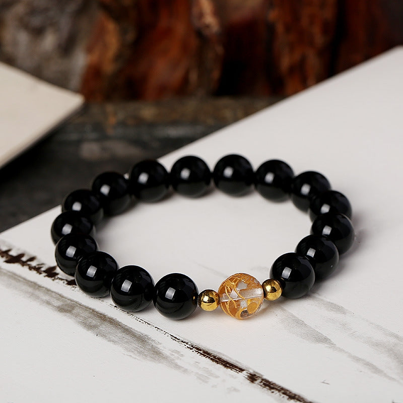 Buddha Stones Natural Black Obsidian White Crystal Black Onyx Dragon Strength Bracelet Bracelet BS 4