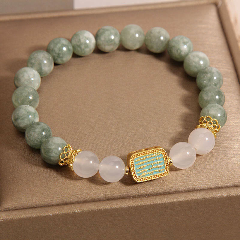 Buddha Stones Natural Green Jade White Agate Five Scriptures Abundance Bracelet Bracelet BS Jade(Wrist Circumference: 14-16cm)