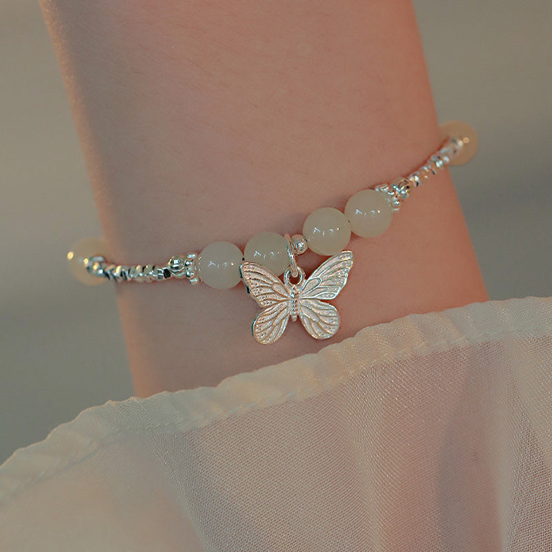 Buddha Stones 925 Sterling Silver Natural Hetian Jade Luck Butterfly Charm Bracelet Bracelet BS 6