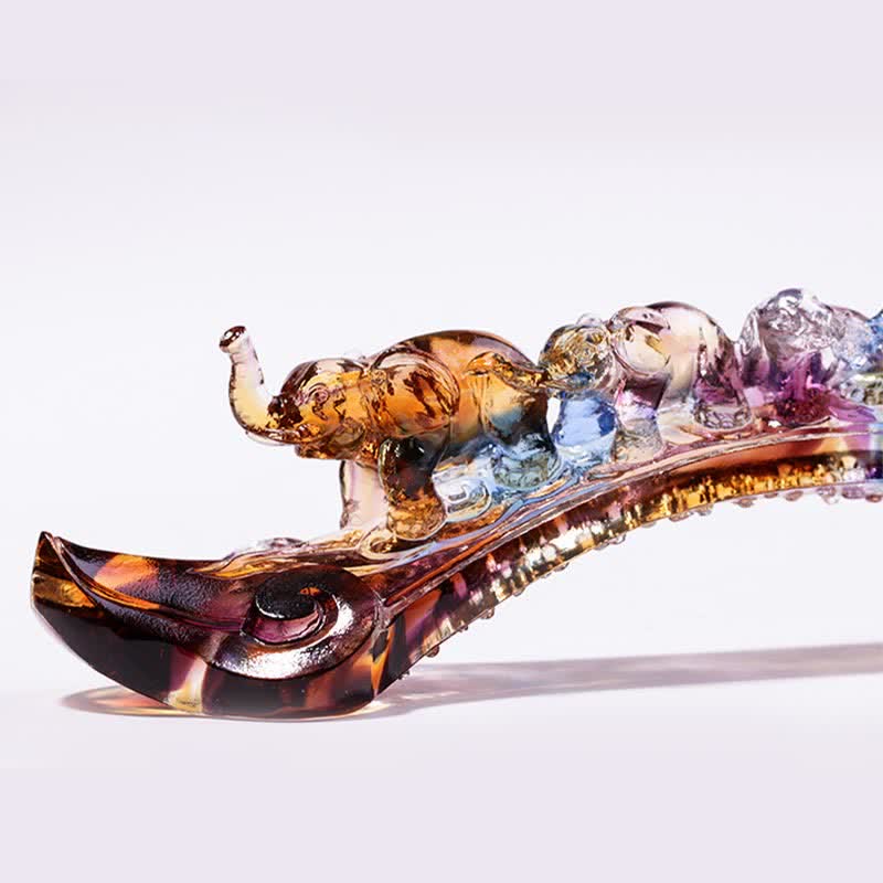 Buddha Stones Handmade Liuli Crystal Ruyi Elephant Art Piece Home Decoration With Crystal Base Decorations BS 12