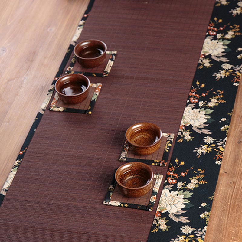 Buddha Stones Vintage Peony Flower Blossom Bamboo Cup Mat Pad Tea Cup Coaster Kung Fu Tea Mat Tea Mat BS 10