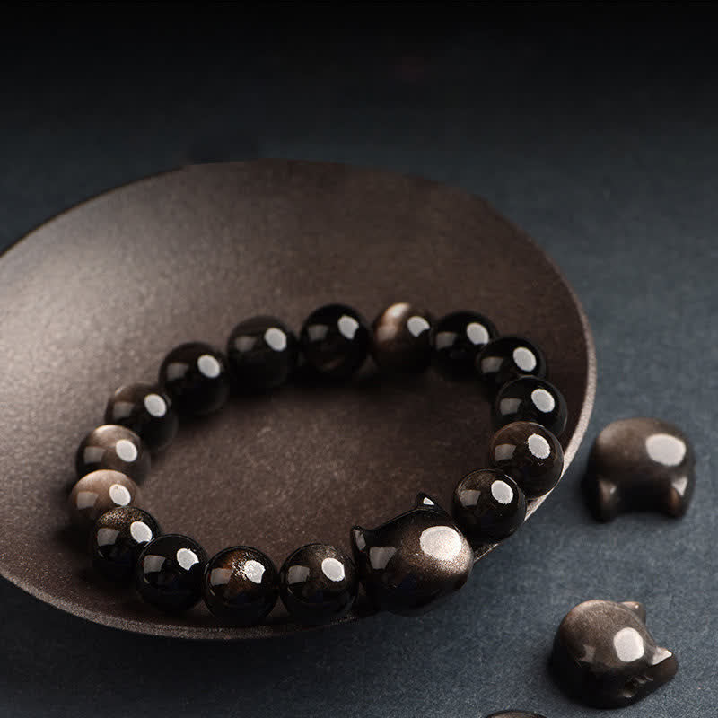 Foviel Gold Sheen Obsidian Silver Sheen Obsidian Lovely Paw Lucky Cat Protection Bracelet