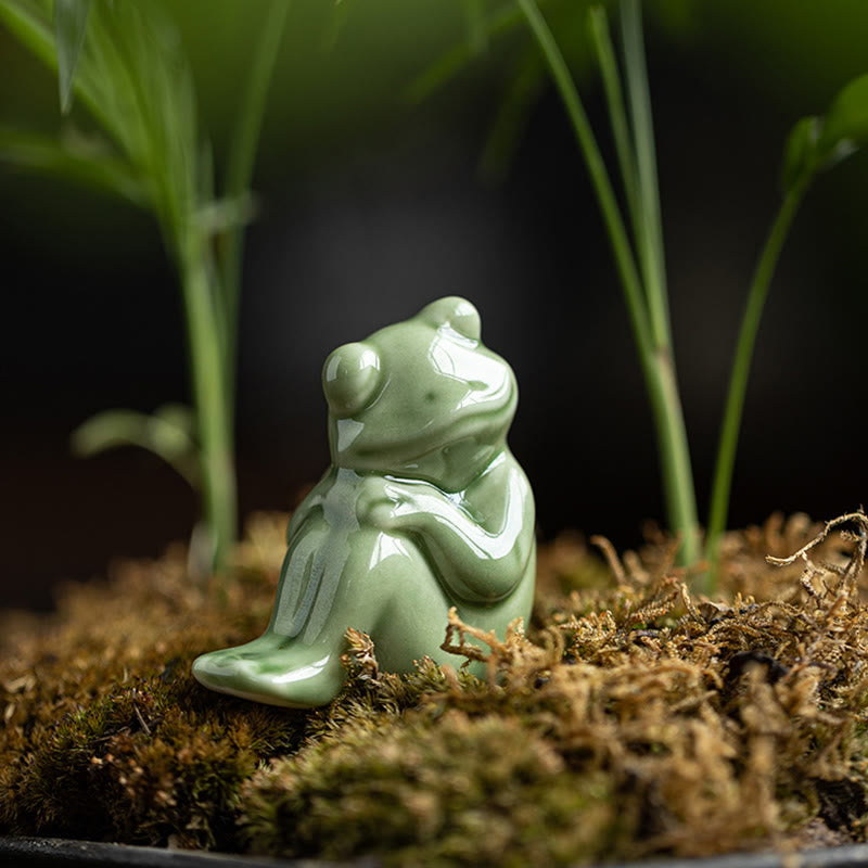 Buddha Stones Mini Small Meditation Lotus Resting Frog Ceramic Wealth Luck Home Tea Pet Figurine Decoration Decorations BS 12