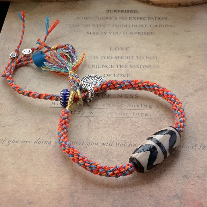 Buddha Stones Tibetan 925 Sterling Silver Om Mani Padme Hum Handmade Dzi Bead Protection Braid Bracelet Bracelet BS Red