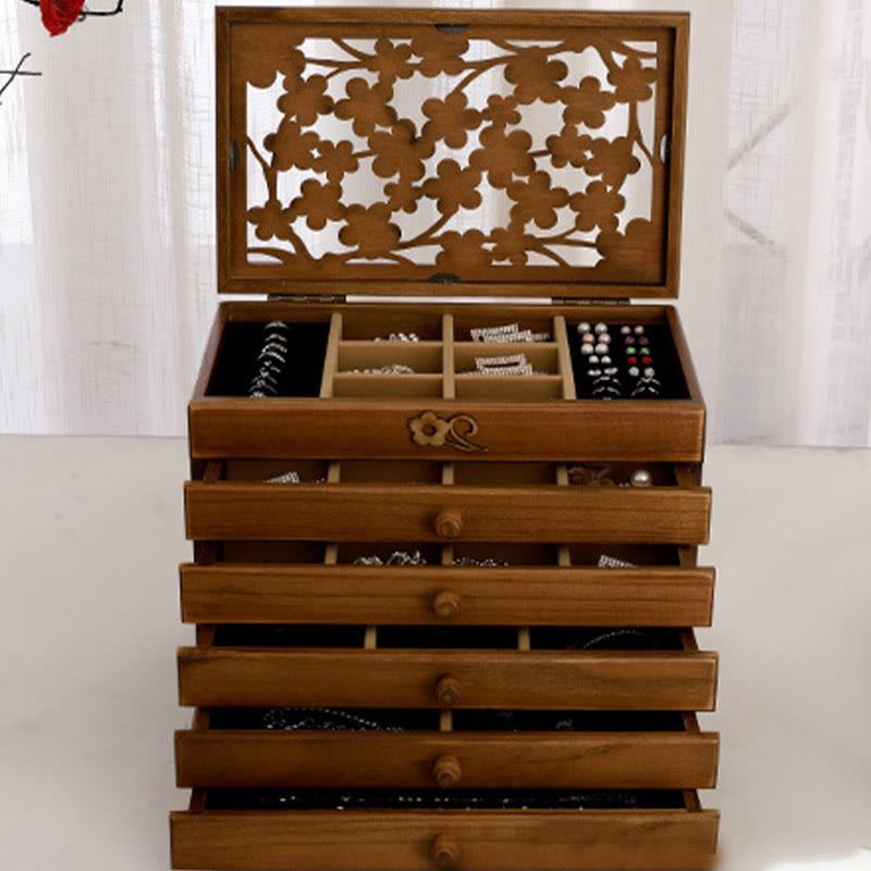 Buddha Stones Vintage Plum Blossom Carved Wooden Jewelry Box Six-Layer Jewelry Storage Box Jewelry Box BS 22