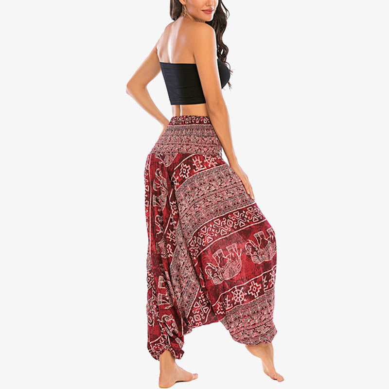 Buddha Stones Two Style Wear Elephant Pattern Loose Smocked Harem Trousers Jumpsuit Women's Yoga Pants Harem Pants&Bodysuit BS 4
