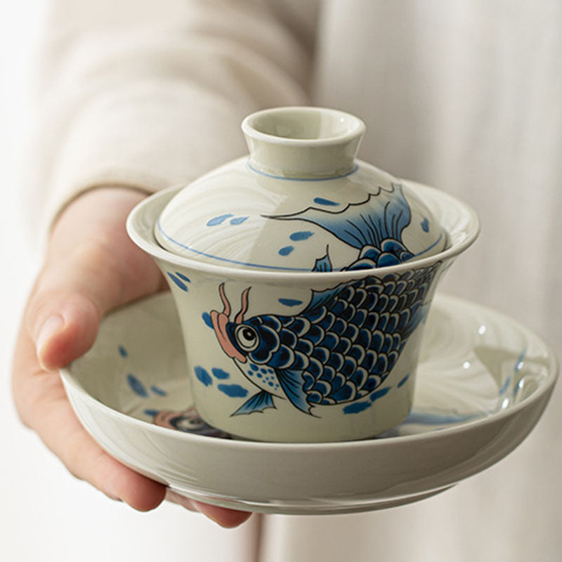 Buddha Stones Koi Fish Arowana Ceramic Gaiwan Sancai Teacup Kung Fu Tea Cup With Lid 130ml Cup BS 17