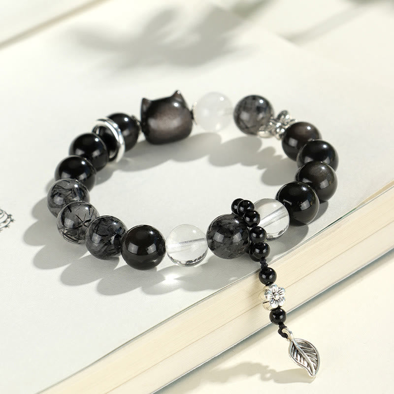 Buddha Stones Natural Silver Sheen Obsidian Cat Head Fox Planet Protection Bracelet Bracelet BS 2