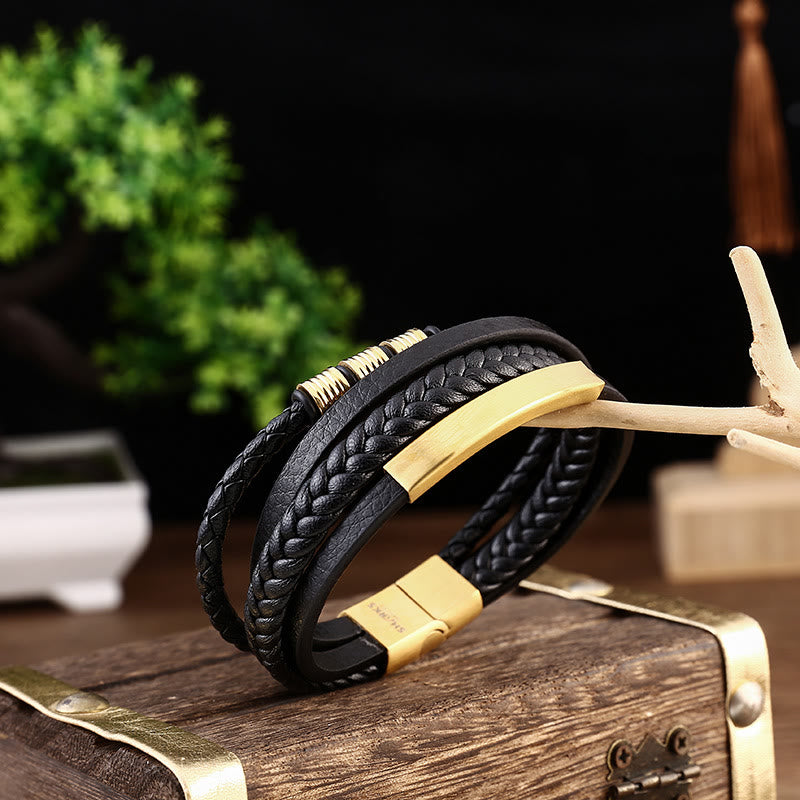 Buddha Stones Leather Multi-Layer Titanium Steel Balance Braided Magnetic Buckle Bracelet Bracelet BS 14