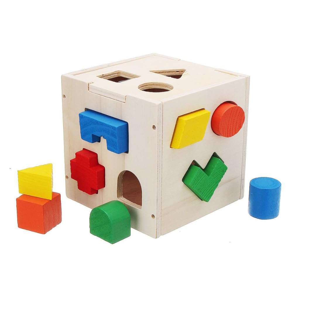 Fidtoy Shape Sorting Intelligence Box 15 Pieces for Kids Ages 2-6, Wooden Shape Sorter Cube with Color Matching, Geometric Blocks, Fine Motor Play and Early Learning Puzzle Activity