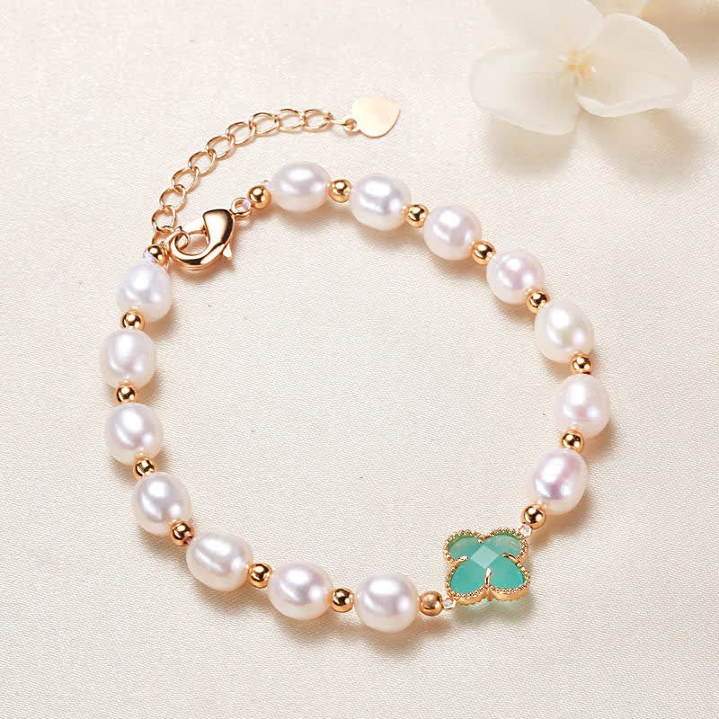 Buddha Stones Pearl Four Leaf Clover Wealth Chain Bracelet Bracelet BS Green Four Leaf Clover