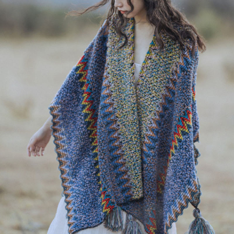 Buddha Stones Tibetan Shawl Soft Warm Knitting Cloak Winter Tibetan Tassel Scarf Tibetan Shawl BS 6