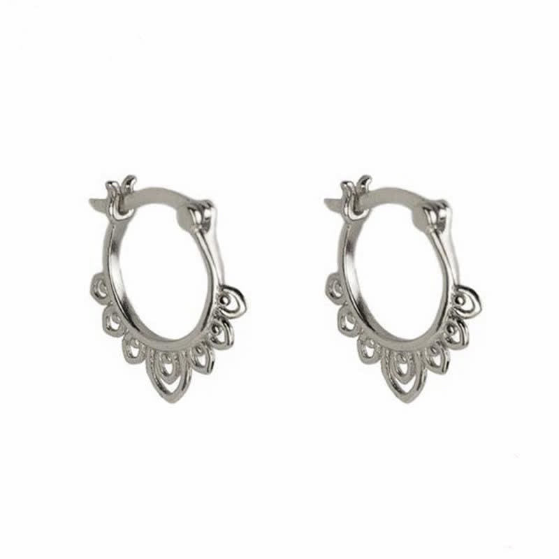 Buddha Stones Round Lotus Flower Pattern Luck Hoop Earrings Earrings BS Silver