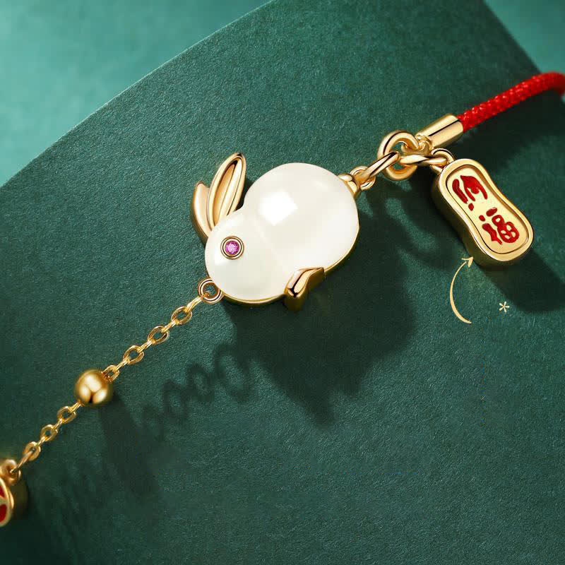 Buddha Stones Year of the Rabbit White Jade Happiness Red String Chain Bracelet Bracelet BS 3