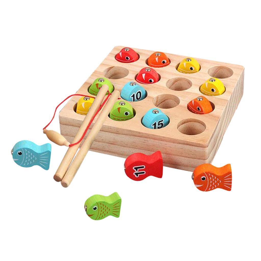 Fidtoy Solid Wooden Digital Magnetic Fishing Game for Kids Ages 2-6, Number Recognition Wooden Fishing Toy with 15 Fish, Double Fishing Rods and Colorful Early Learning Play