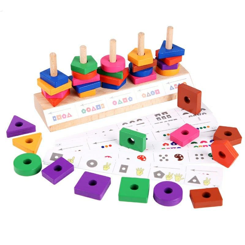 Fidtoy Wooden Shape Blocks Matching Game with Pattern Cards for Kids, 35-Piece Color and Shape Recognition Educational Toy with 16 Cards, Fine Motor and Spatial Awareness Game Age 3+