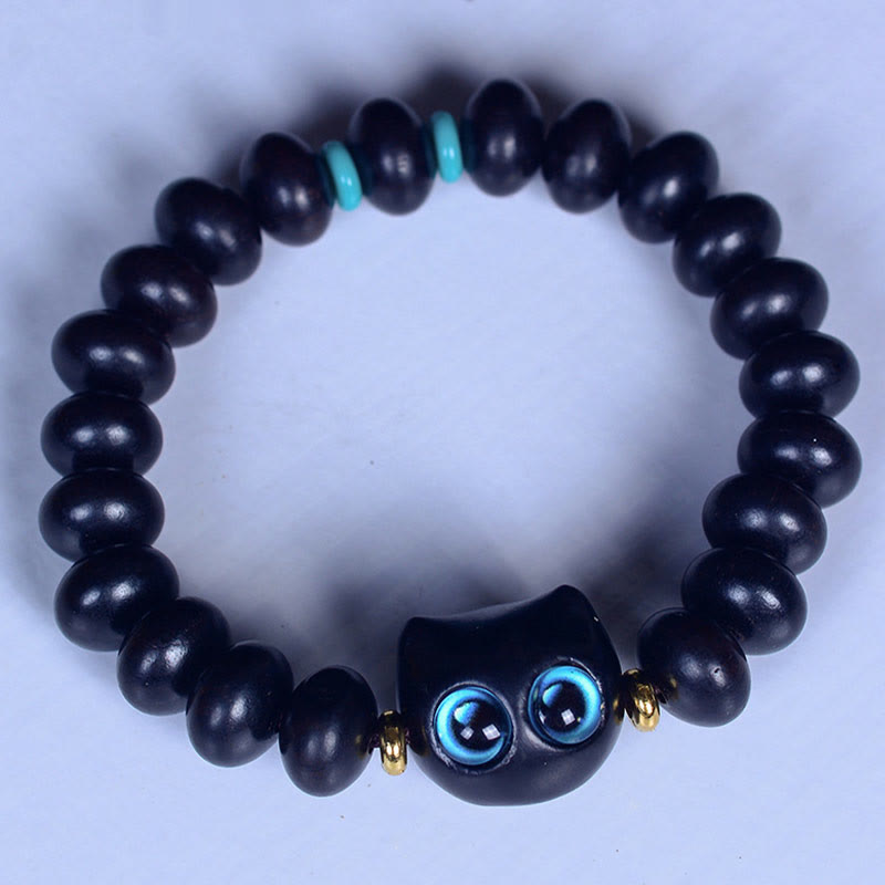 Buddha Stones Ebony Wood Liuli Glass Lovely Cat Peace Balance Bracelet Bracelet BS 2